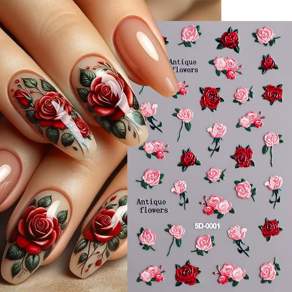 Autocollants 5D en relief pour les ongles, décalcomanies simples pour dames, feuilles décoratives de