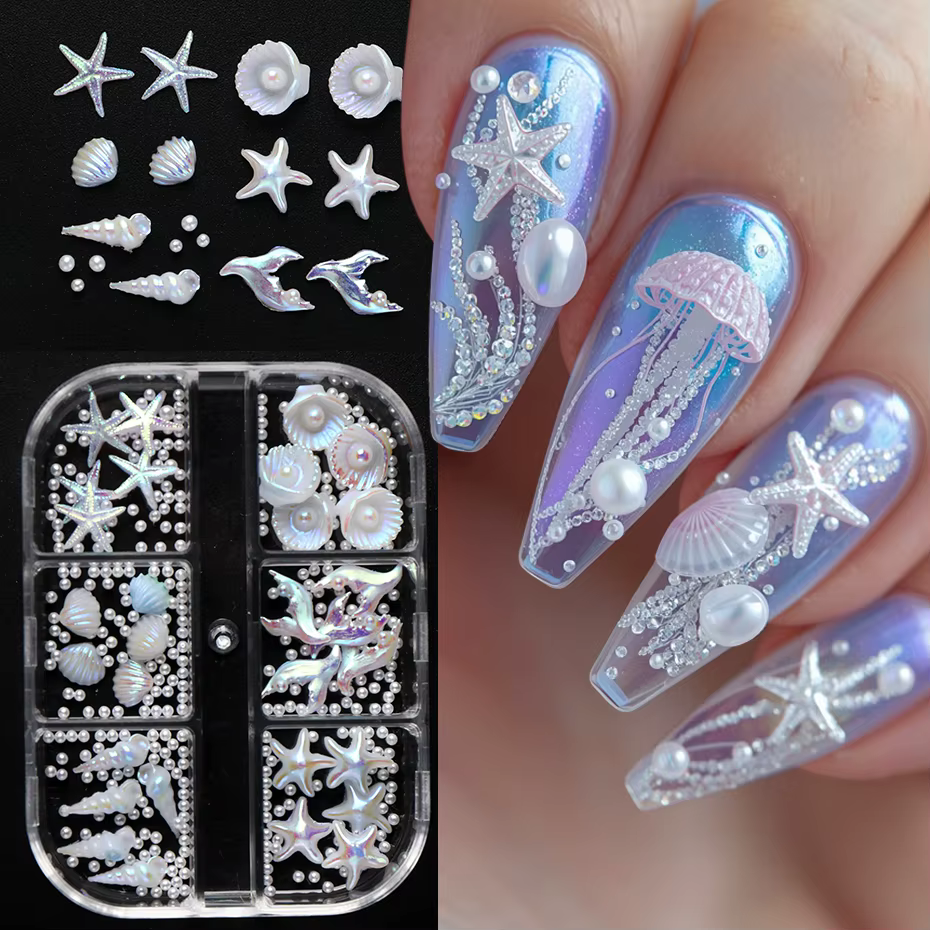 6 grilles de breloques pour ongles en forme de coquillages nacrés, mini étoiles de mer blanches, coq