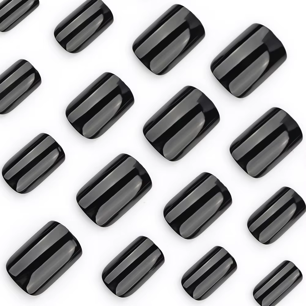Faux ongles noirs brillants classiques, couverture complète, à pression, courts, ronds, réutilisable