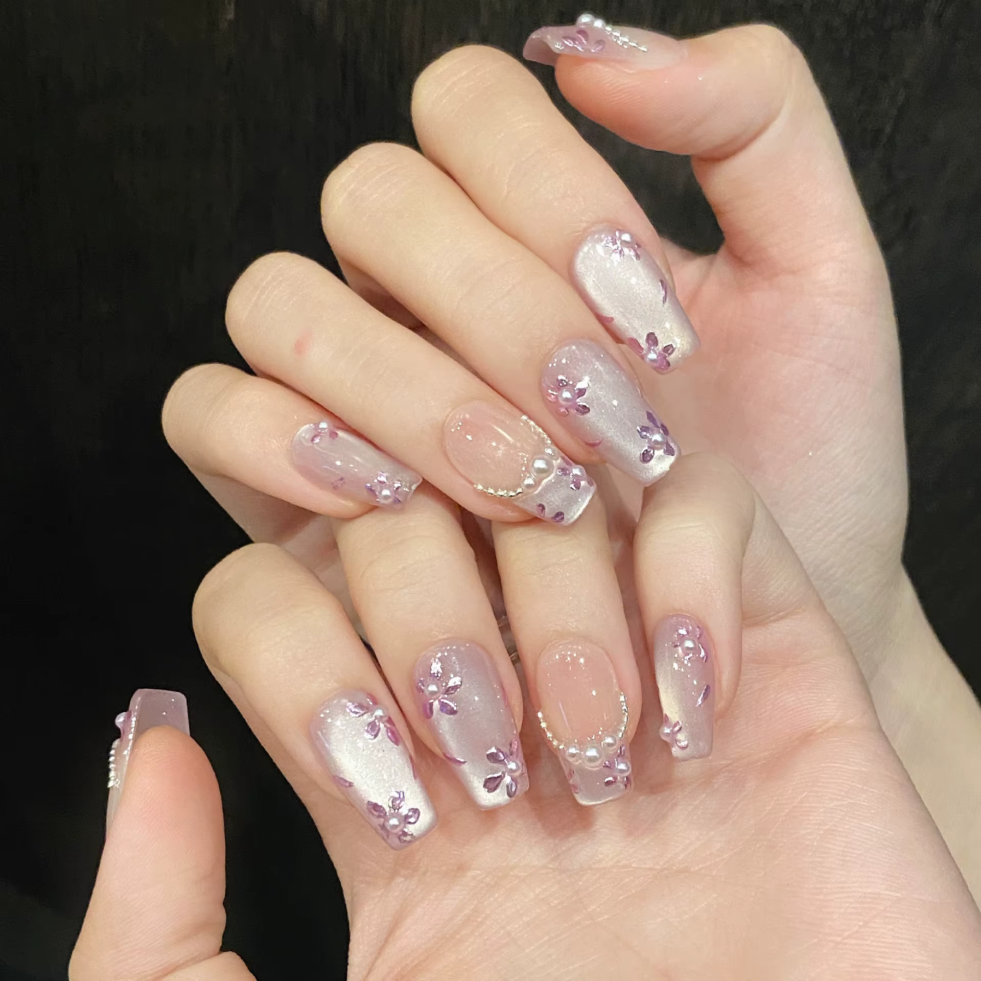 10 pièces à la main violet oeil de chat presse sur les ongles fleurs d'été perle conception faux ong