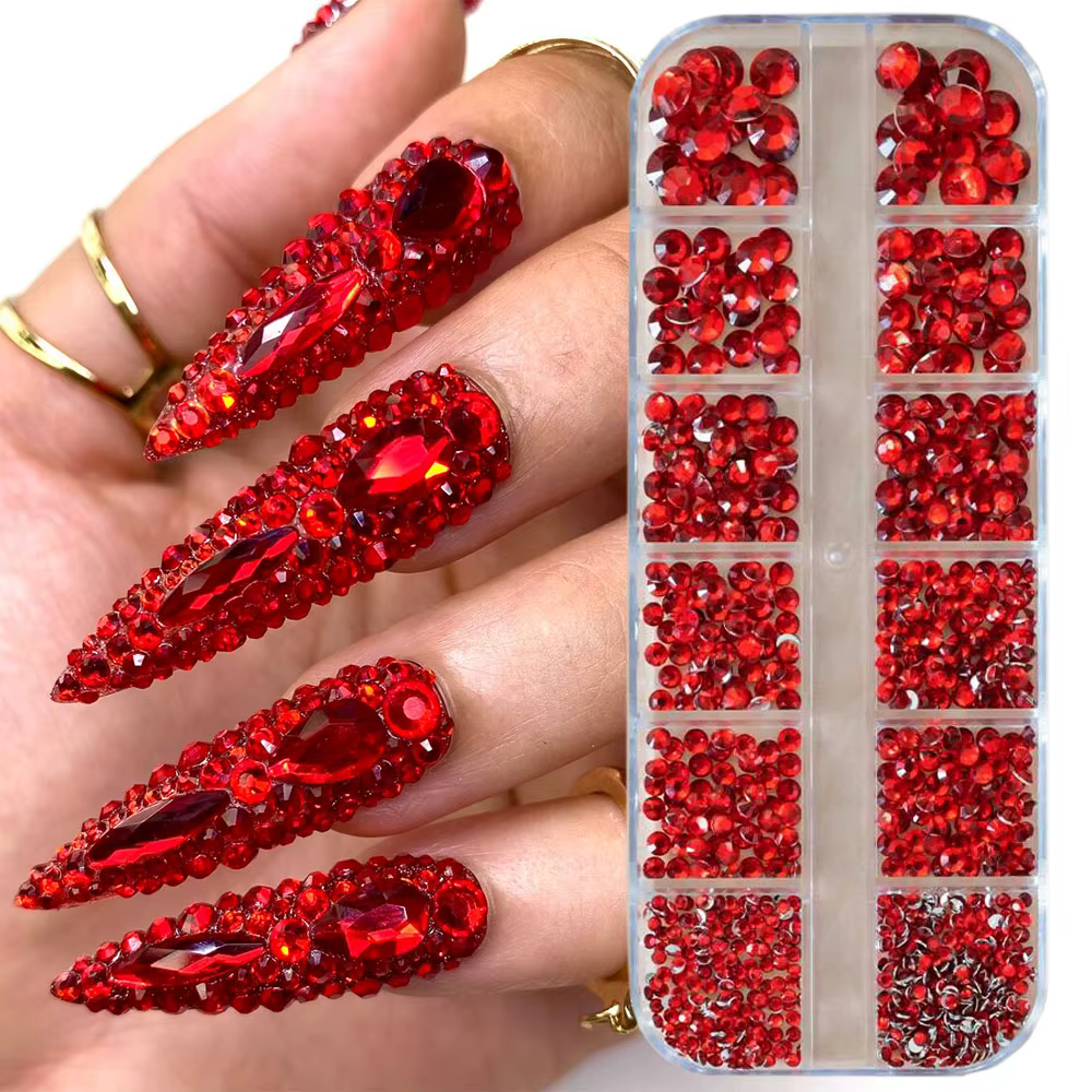 Strass pour ongles rouges, 12 grilles, 2/3/4/5mm, dos plat, cristal, diamant SS6/10/16/20/30, breloq