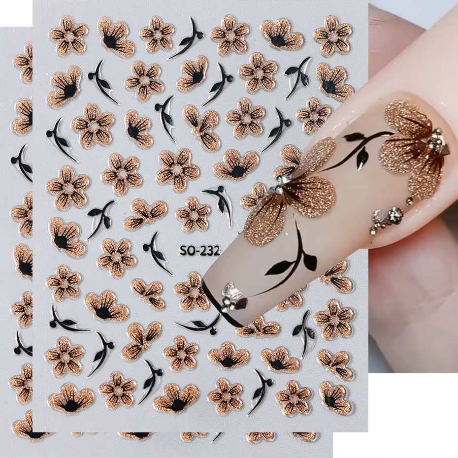 Autocollant 3D pour ongles, 2 pièces, noir, or, paillettes, fleur, pétales brillants, feuilles, Nail