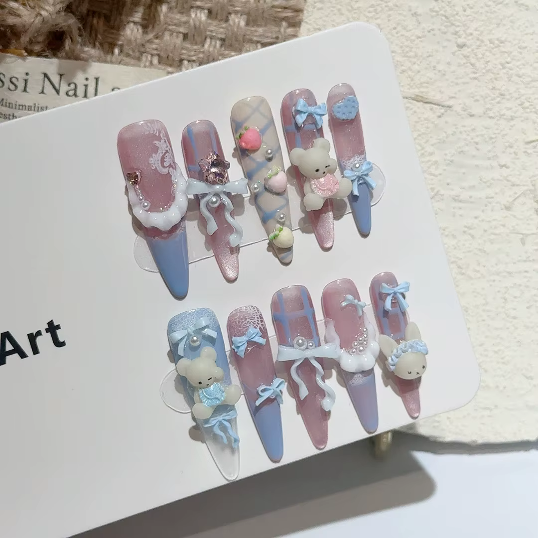 10 pièces pouding petit ours presse sur ongles à la main mignon bleu Style français nœuds papillon d