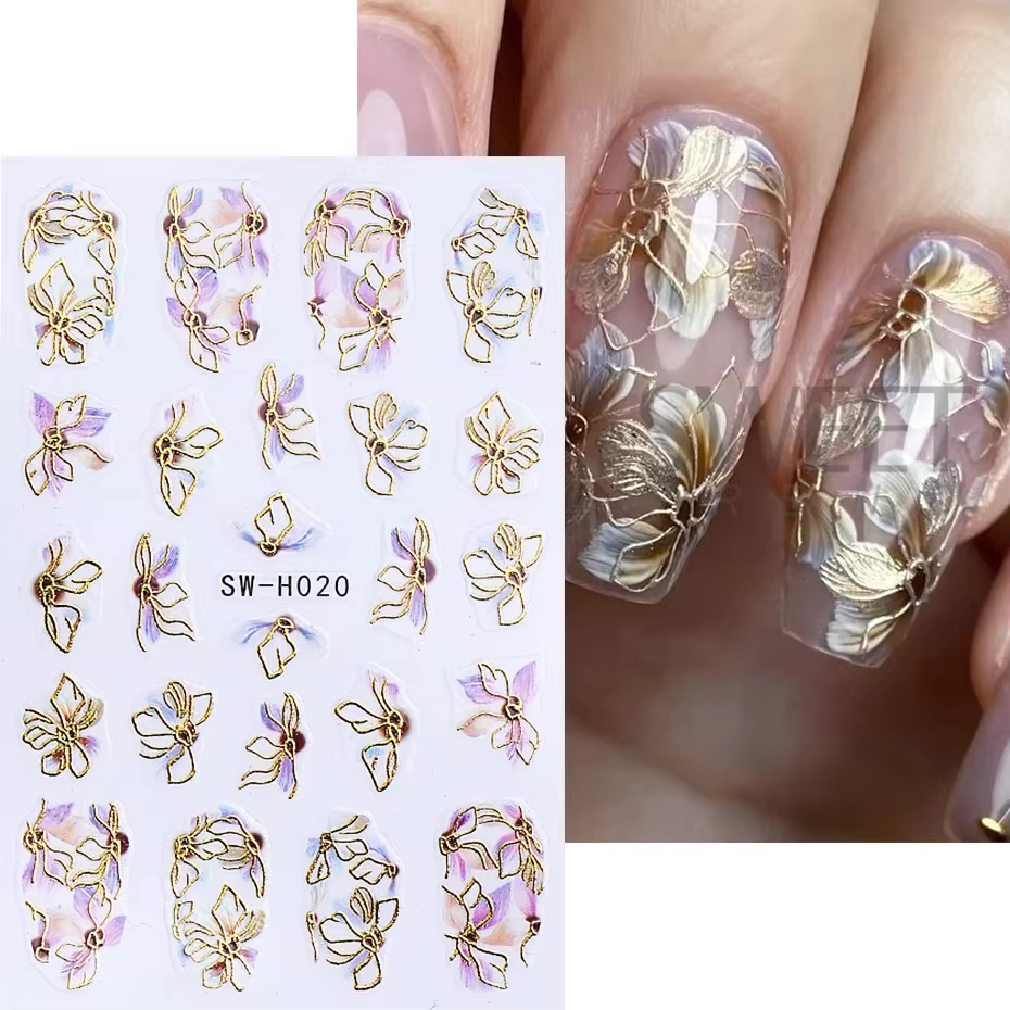 Autocollants pour ongles en forme de fleur, ligne dorée métallique, pétales de bordure bronzants 3D,