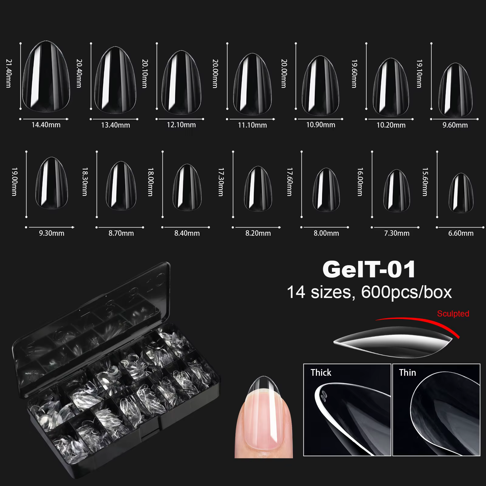 Ongles en gel souple courbés, couvrance totale, faux ongles amande, cercueil français, extensions d'