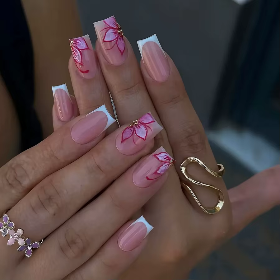 Faux ongles de Style français rose, fleur blanche imprimée, tête carrée courte, à pression, simples,