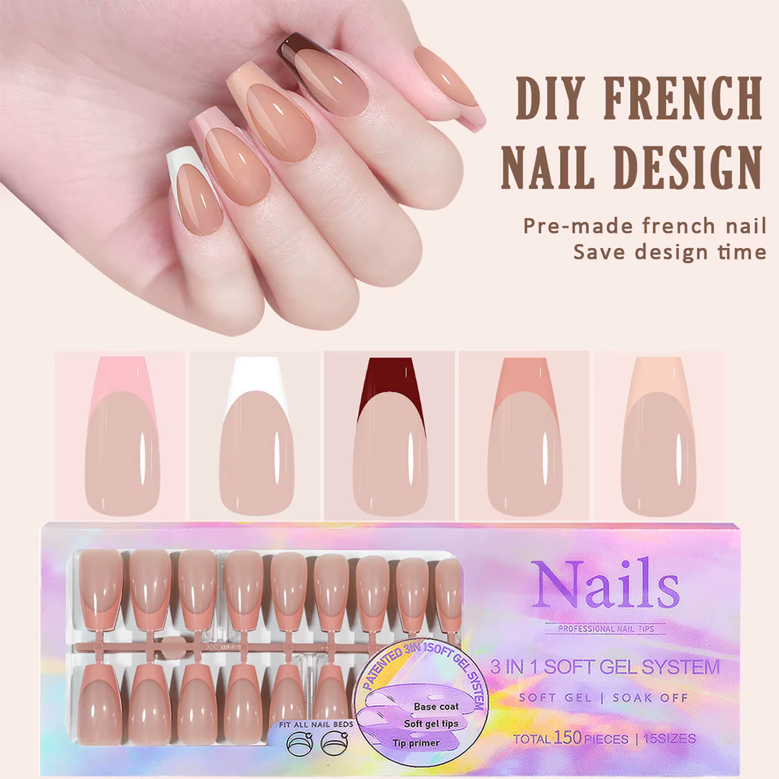 150 pièces 6 couleurs faux ongles multi-tailles faux ongles presse sur ongles acryliques amande fran