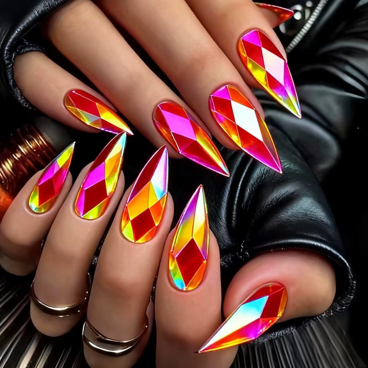 Faux ongles 3D holographiques plaqués, losange métallique brillant, rose, doré, jaune, argent, champ