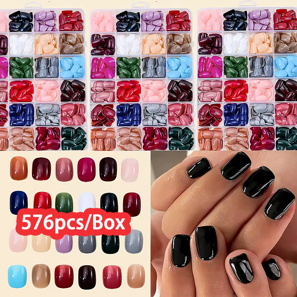 576 pièces/boîte faux ongles colorés noir rouge Design faux ongles ovale court carré presse sur faux