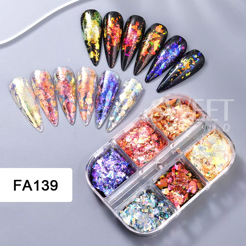 SWEET TREND - 6 compartiments de paillettes irisées opales pour ongles, effet aurore holographique, 
