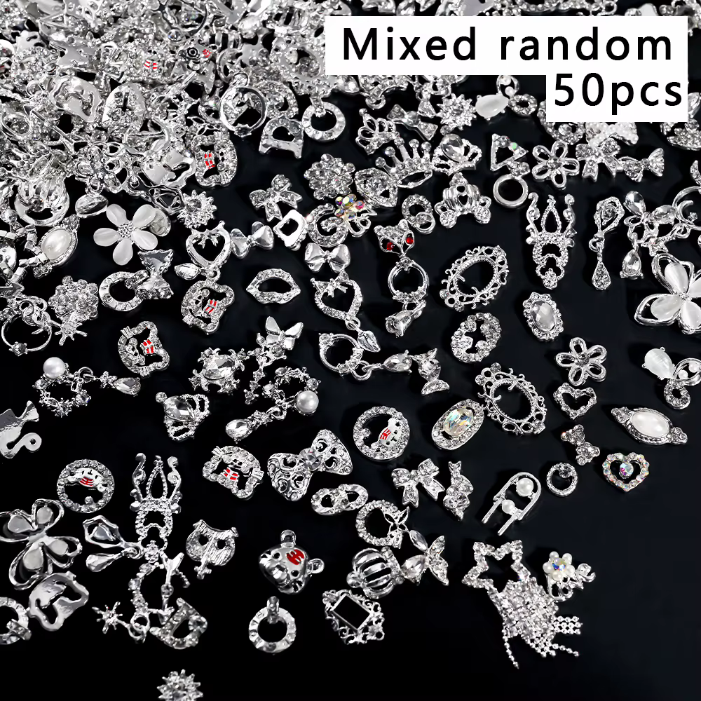 Breloques pour ongles en métal, nœud papillon/couronne en argent 3D, avec pendentif pompon, papillon