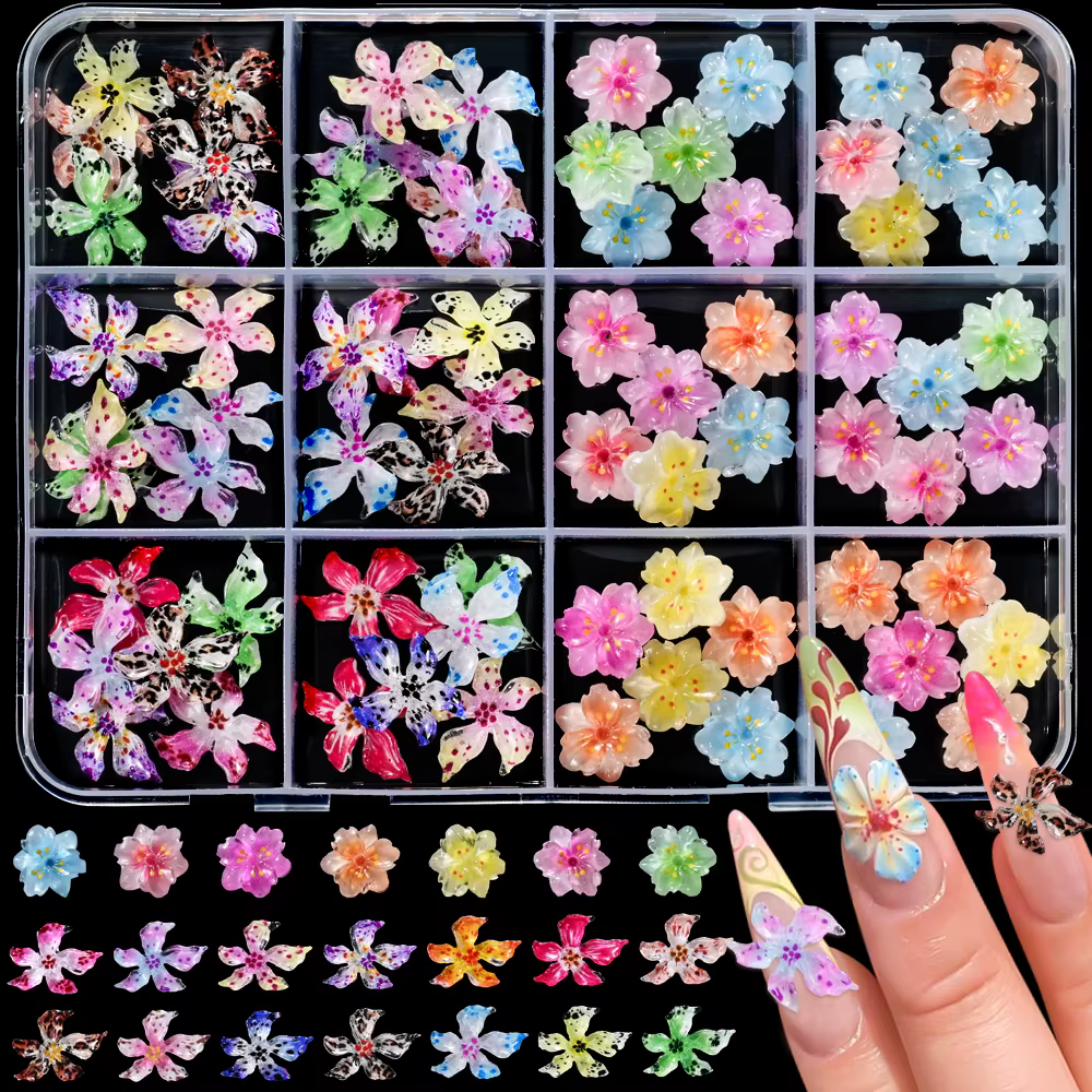 12 grilles de breloques 3D mixtes pour nail art, motifs fleurs de lys et de cerisier, décorations fl