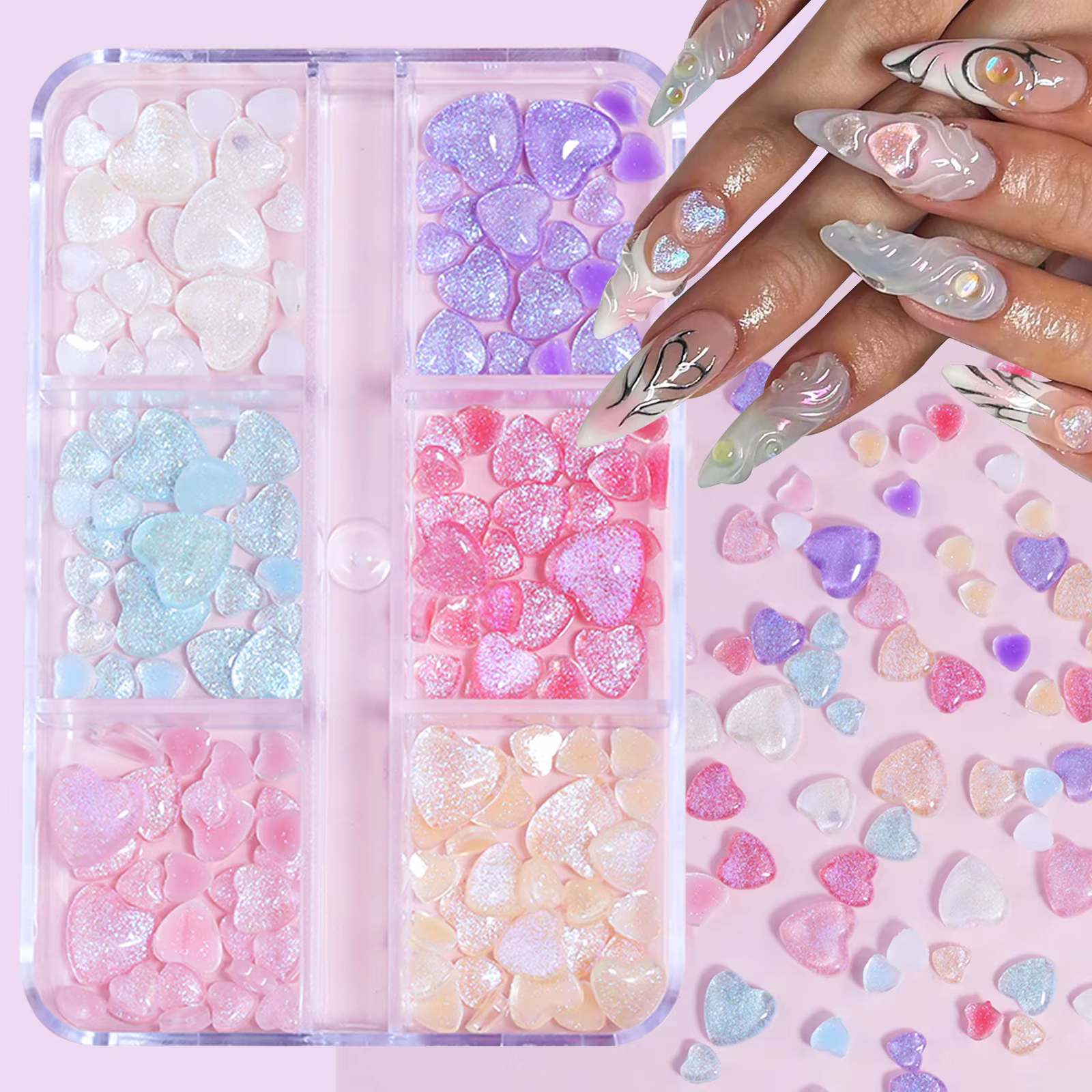 N64.Art-Boîte de pièces décoratives en forme de cœur transparent rose, fournitures Kawaii, ensembles