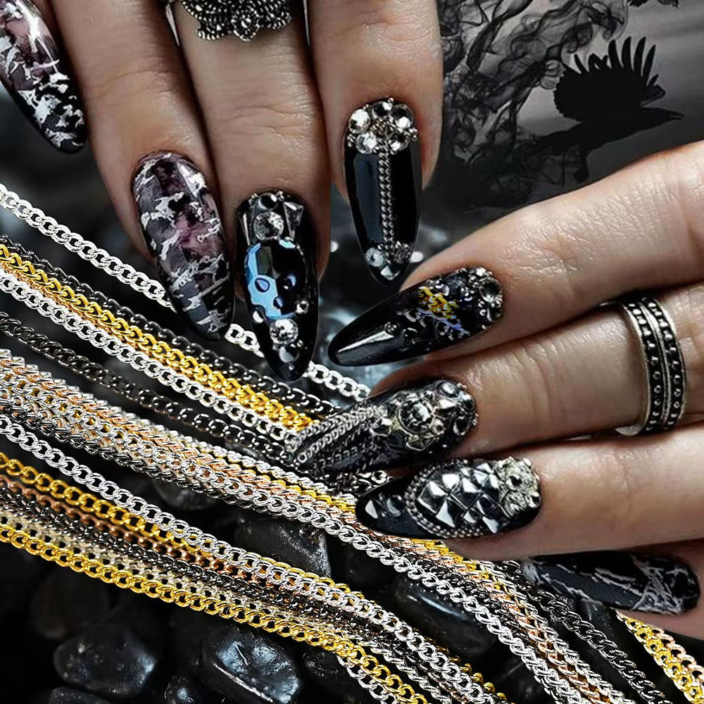 Chaînes de décoration en métal doré et argenté pour Nail Art, 100cm, 3D Punk, luxe, chaîne à paillet