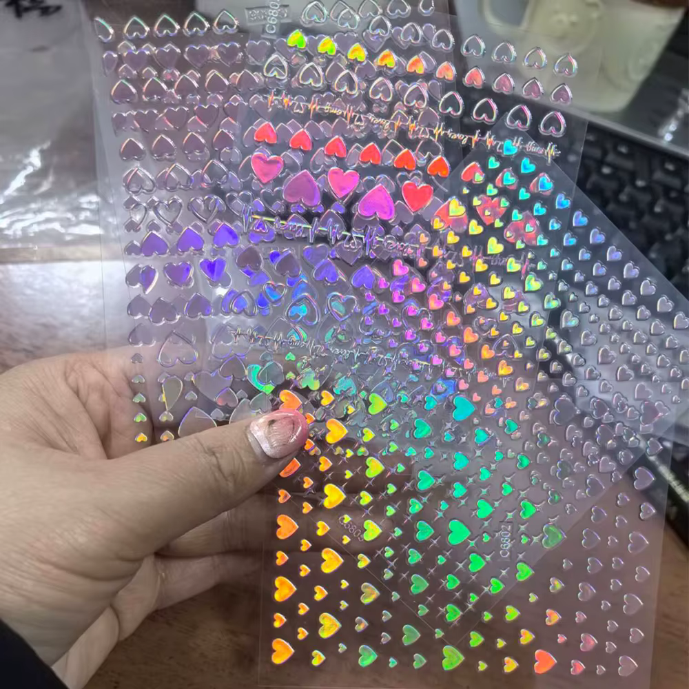 4/6 feuilles/Kit holographique arc-en-ciel amour coeur autocollant pour ongles 3D Laser coeur autoco