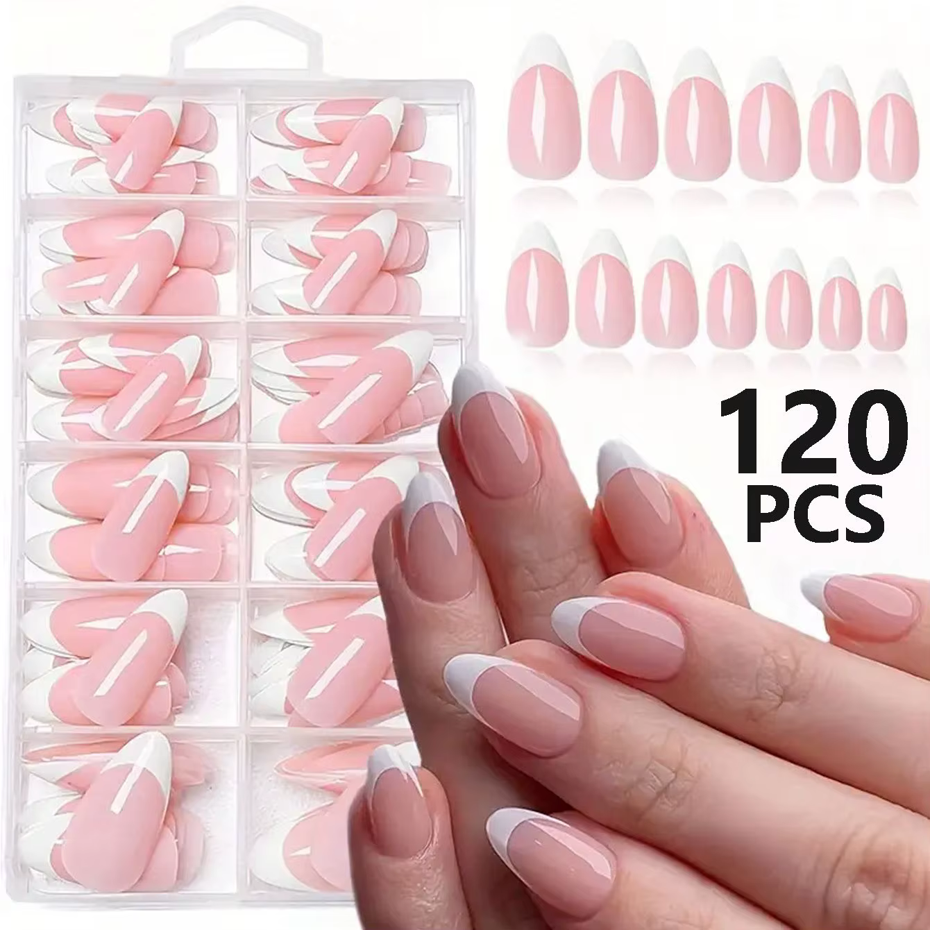 120 pièces/boîte AWhite amande français pointu ongles lisse, ongles en acrylique entièrement couvert