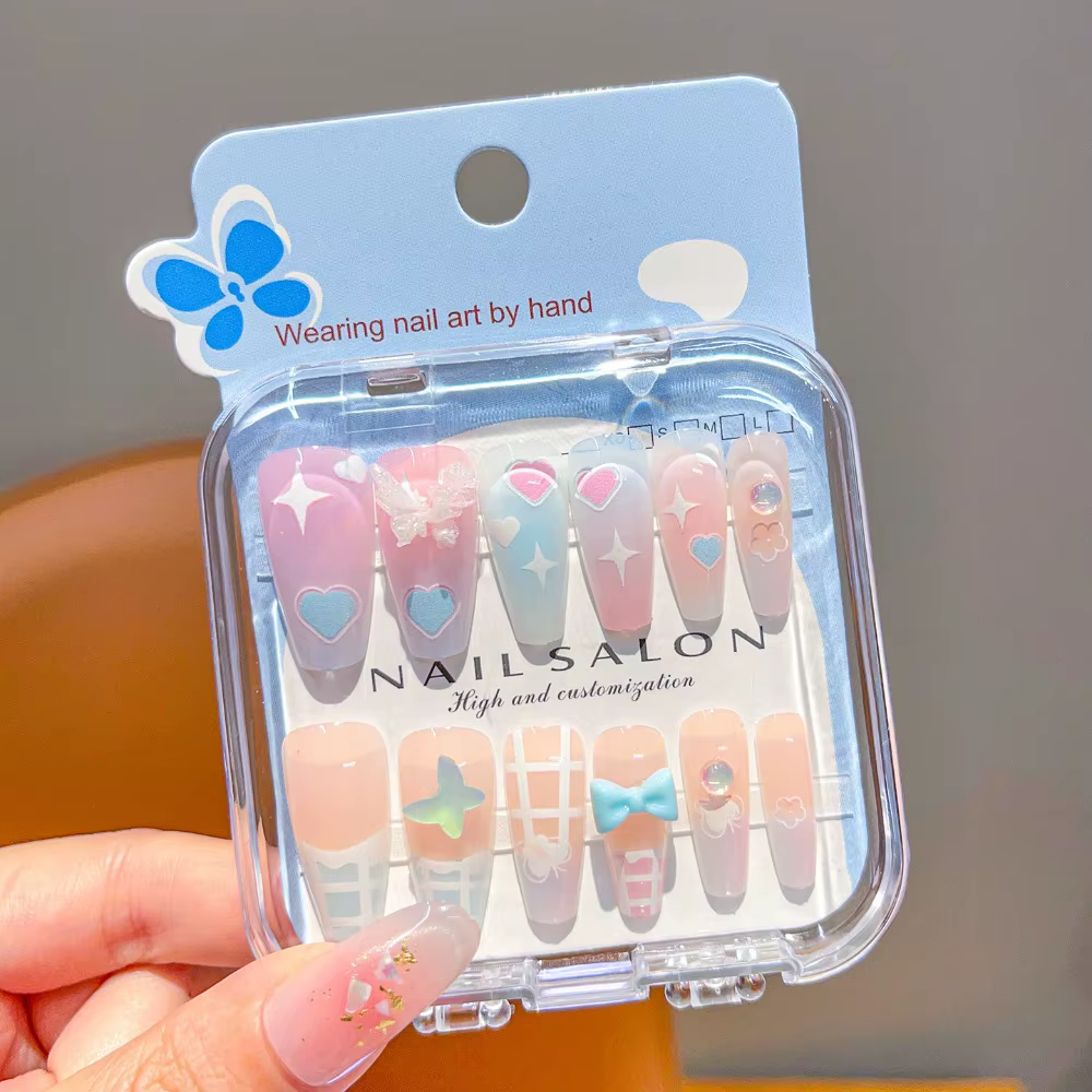Nouveaux autocollants pour ongles longs en forme de cerise et de cœur, mignons, pour enfants, détach