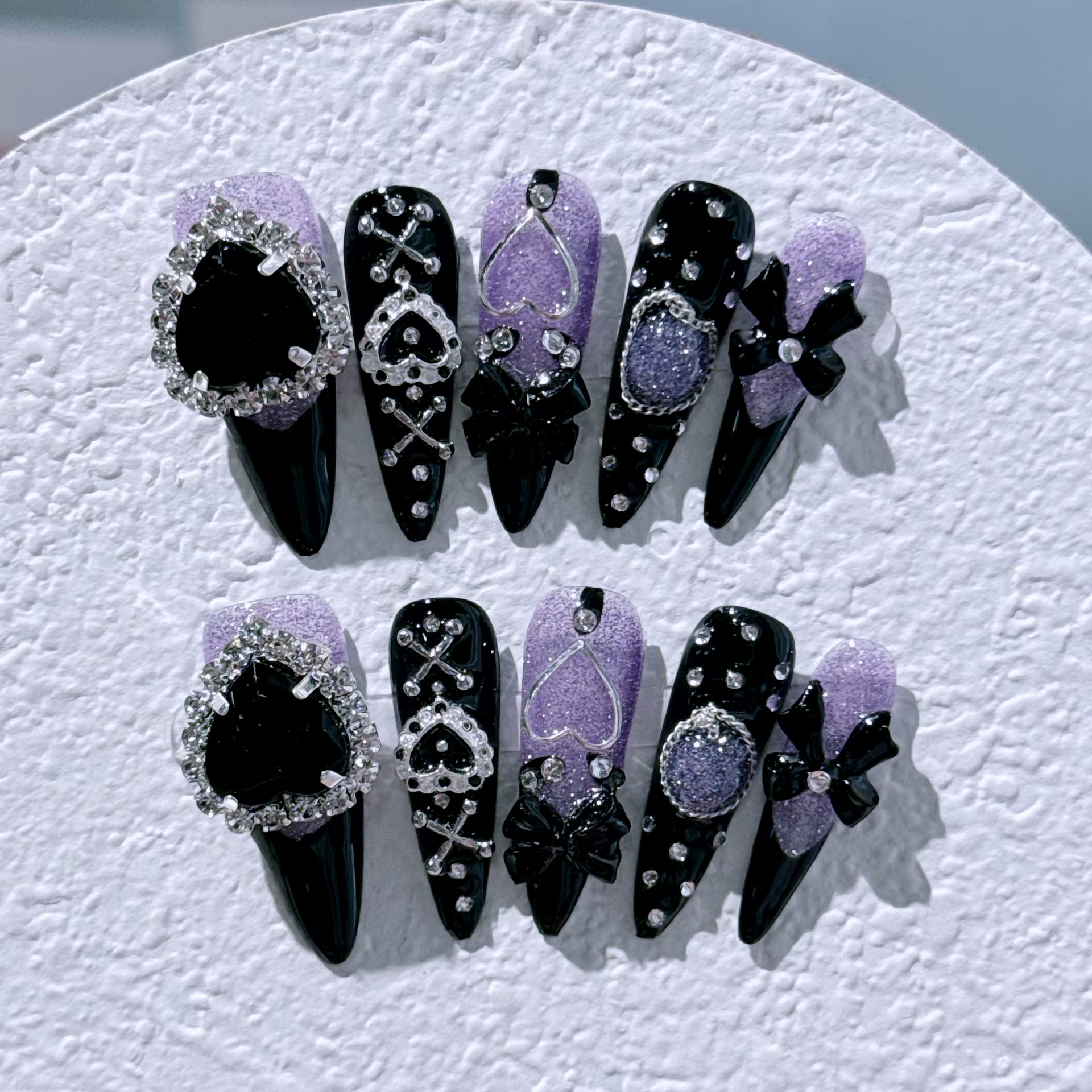 Long Stiletto souhaits on Fake N64.Blue Coussins Diamond Bow Decoration, False Nail, Y2K Fashion, Ar