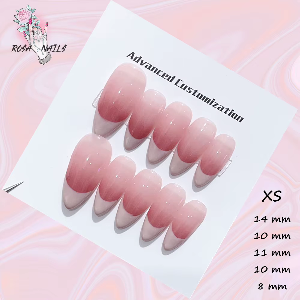 ROSA NAILS-Ensemble de faux-ongles à pression, fait à la main, rose, moyen, court, amande, nude, nar