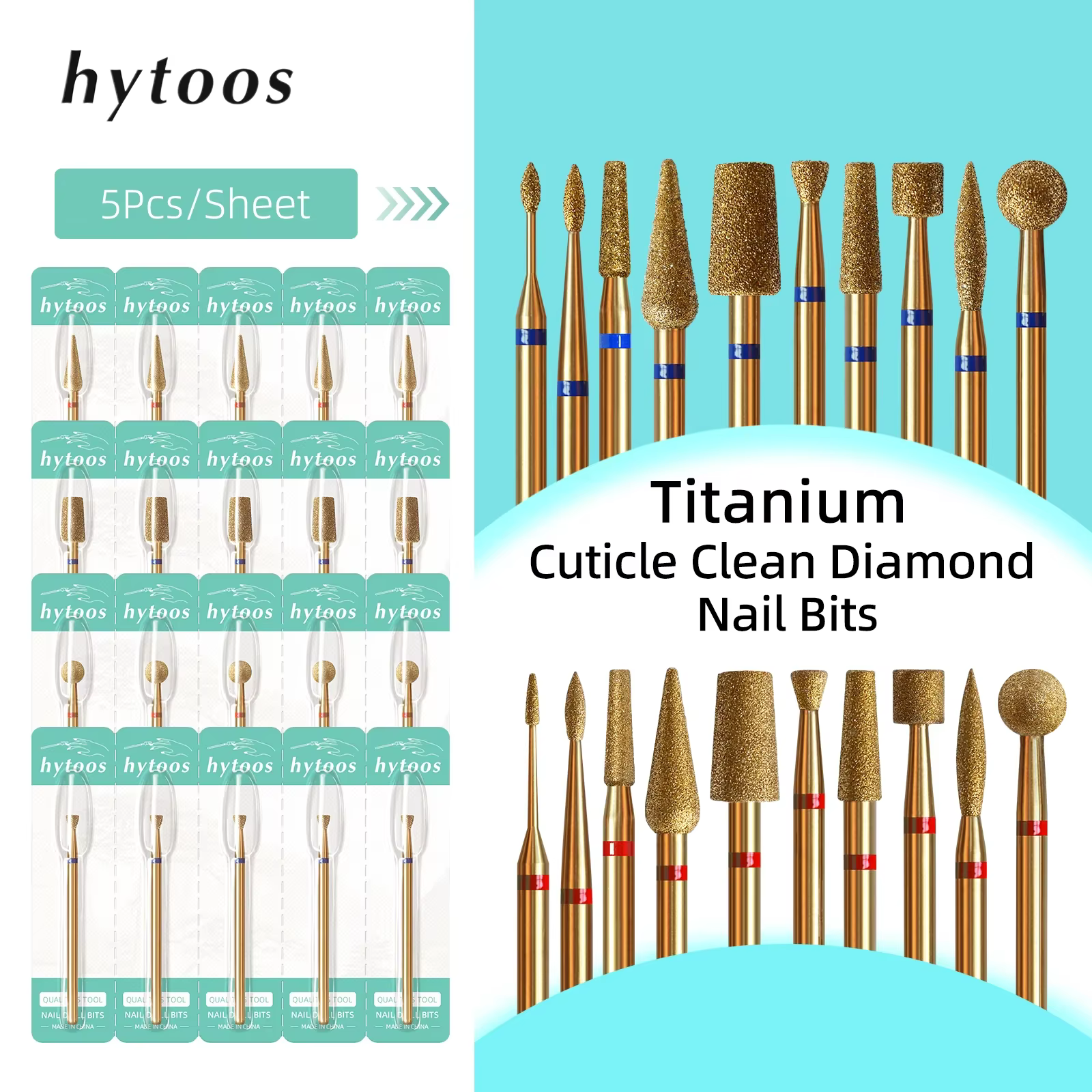HYTOOS 5 pièces/ensemble titane forets à ongles diamant cuticule propre foret à ongles professionnel