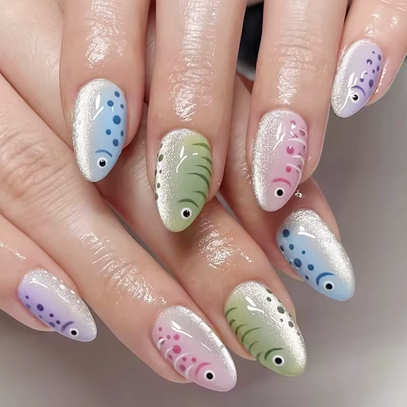 VITAGWX 30 faux ongles à presser, motif poisson unique, style plage estival, nail art coloré, forme 