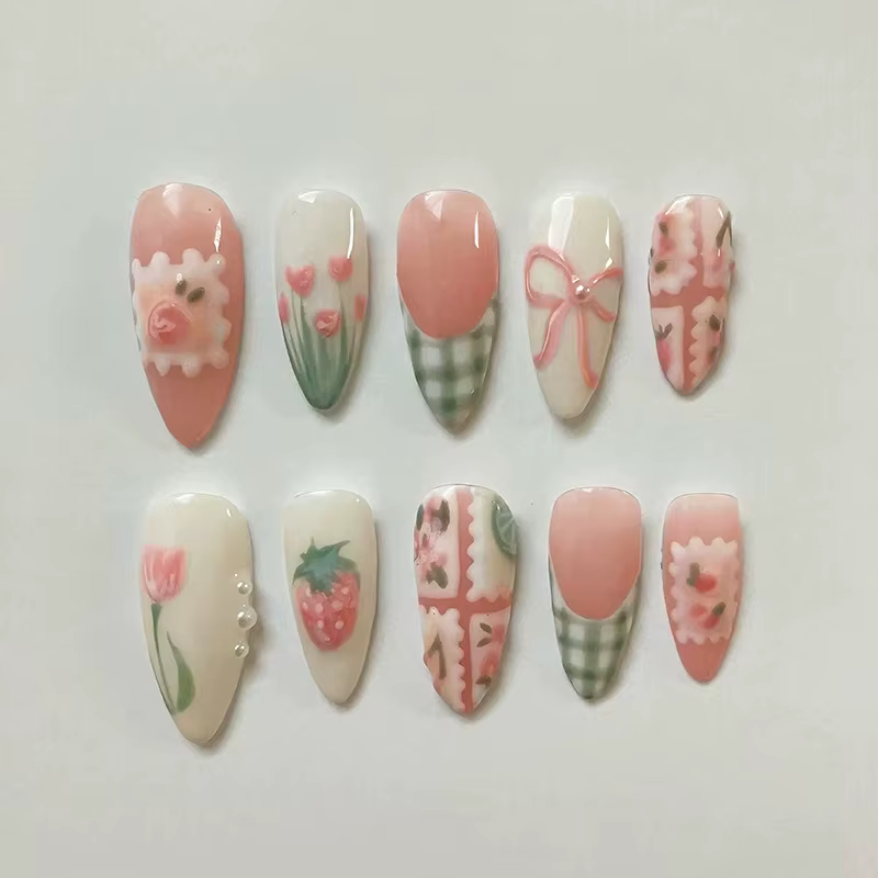 24 faux ongles roses mignons 3D en forme de fleur et d'étoile, style français, avec rayures marron r