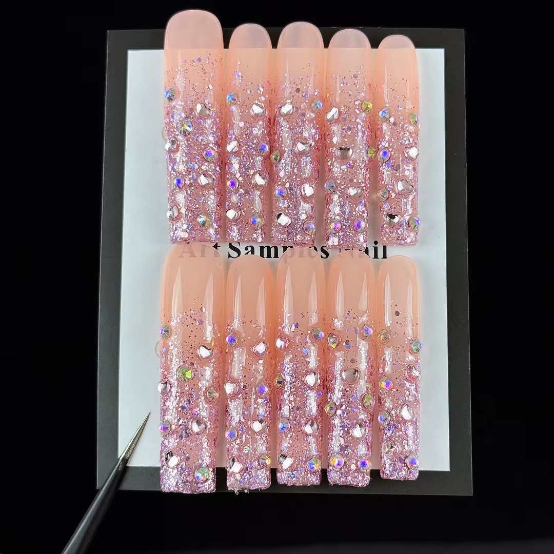 10 pièces de faux ongles faits à la main, style haut de gamme et version luxueuse, yeux de chat rose