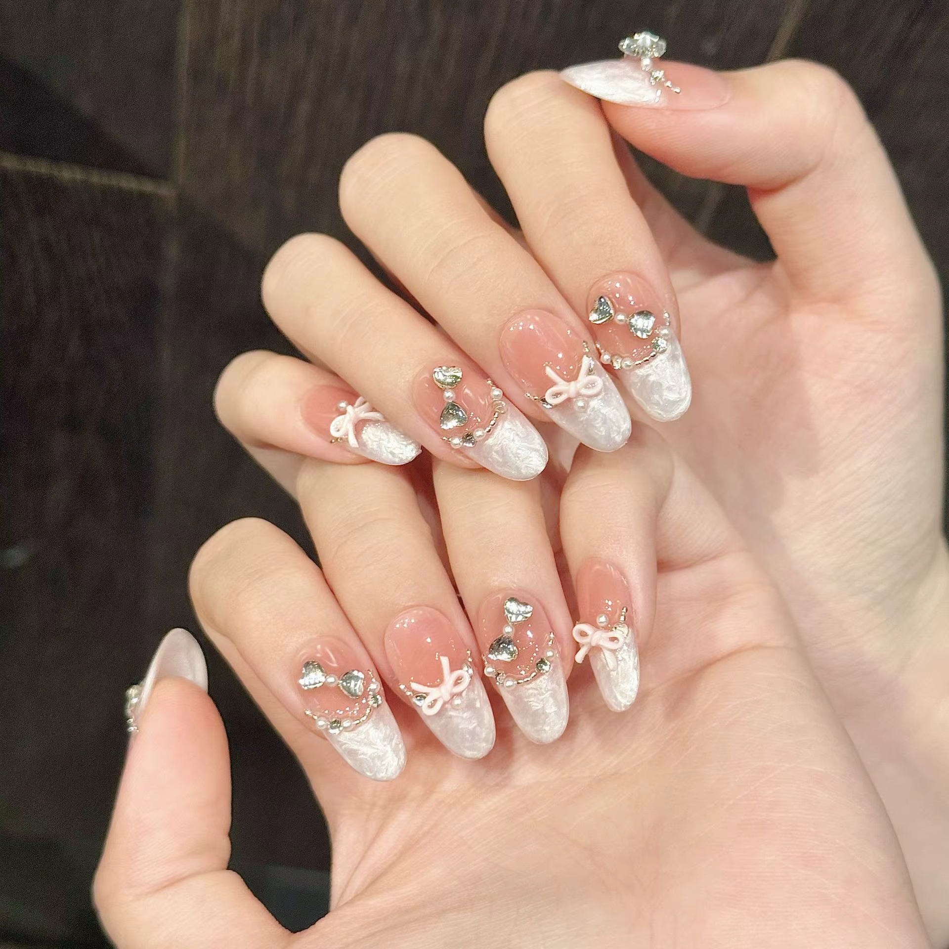 10 pièces presse à la main sur les ongles français oeil de chat rose arc décor coréen faux ongles po