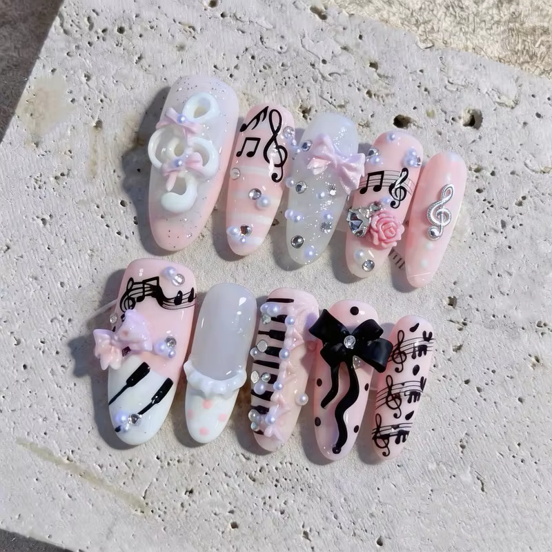 10 faux ongles ovales longs roses et noirs, motif nœud Y2K et note de musique 3D, faits à la main, p