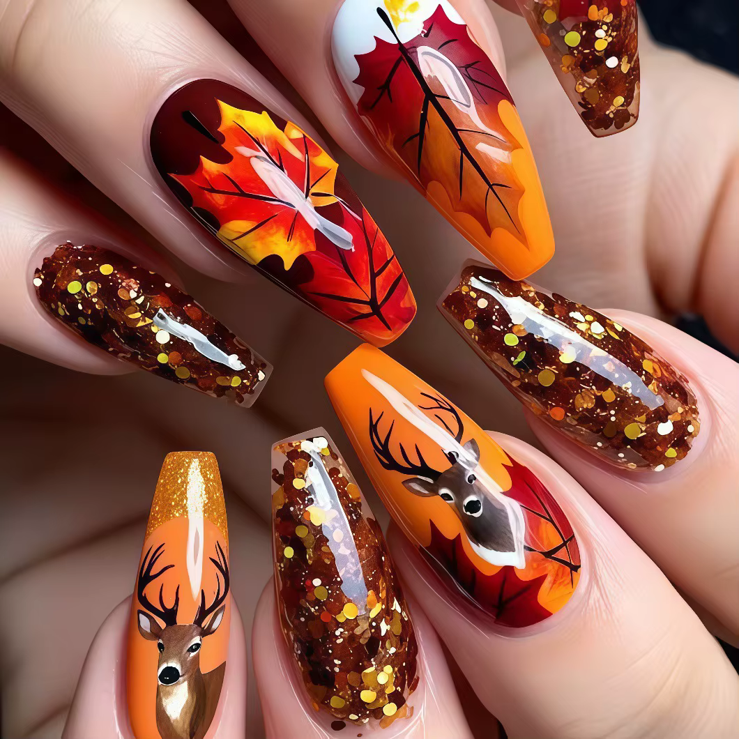 Faux ongles mi-longs pour femmes et filles, dégradé marron jaune orange, motifs feuille d'érable ou