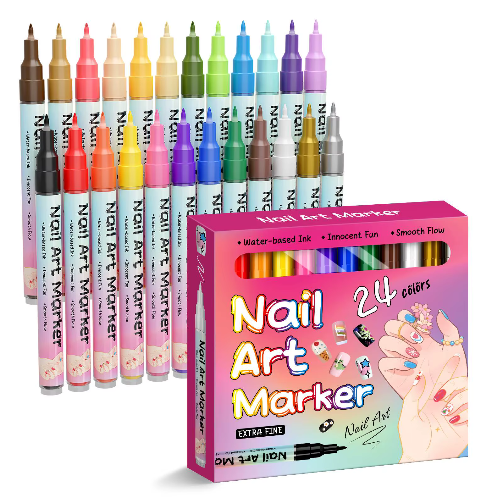 Marqueurs pour nail art 24 couleurs, stylo liner à séchage rapide pour dessin sur ongles, stylo graf