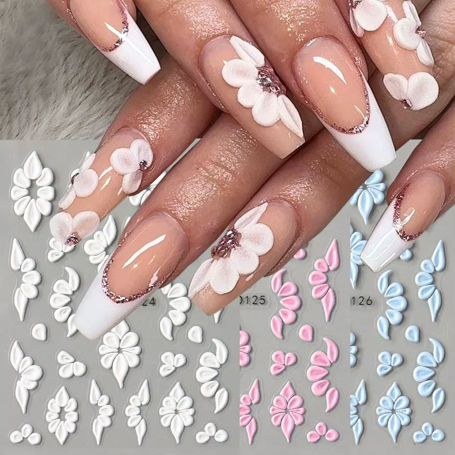 Autocollants pour ongles en forme de fleur en relief 5D, motifs élégants de pétales blancs, roses et