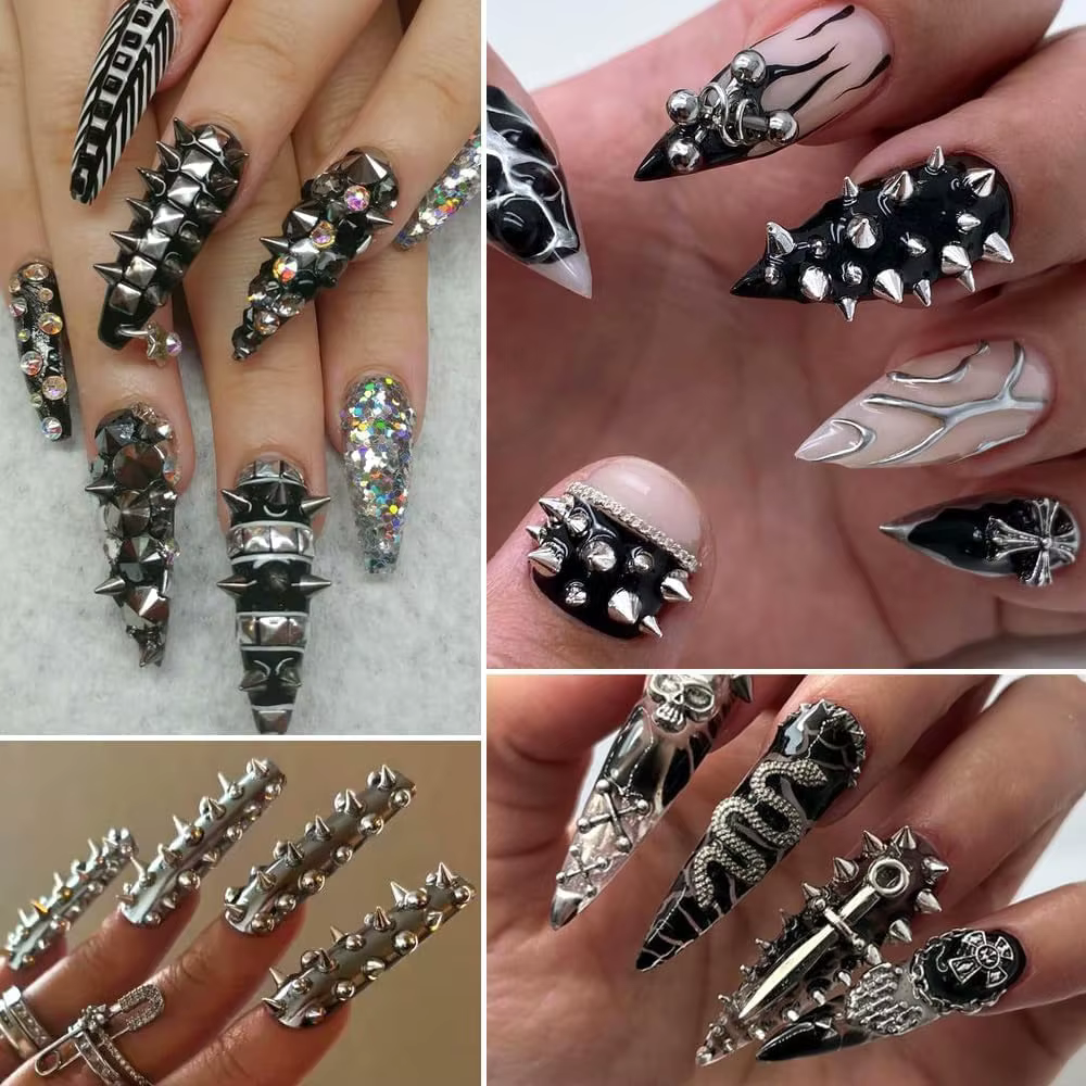 Mini clous d'art d'ongle Punk en métal 3D, tailles mixtes, pointes de cône or noir, Rivets en alliag