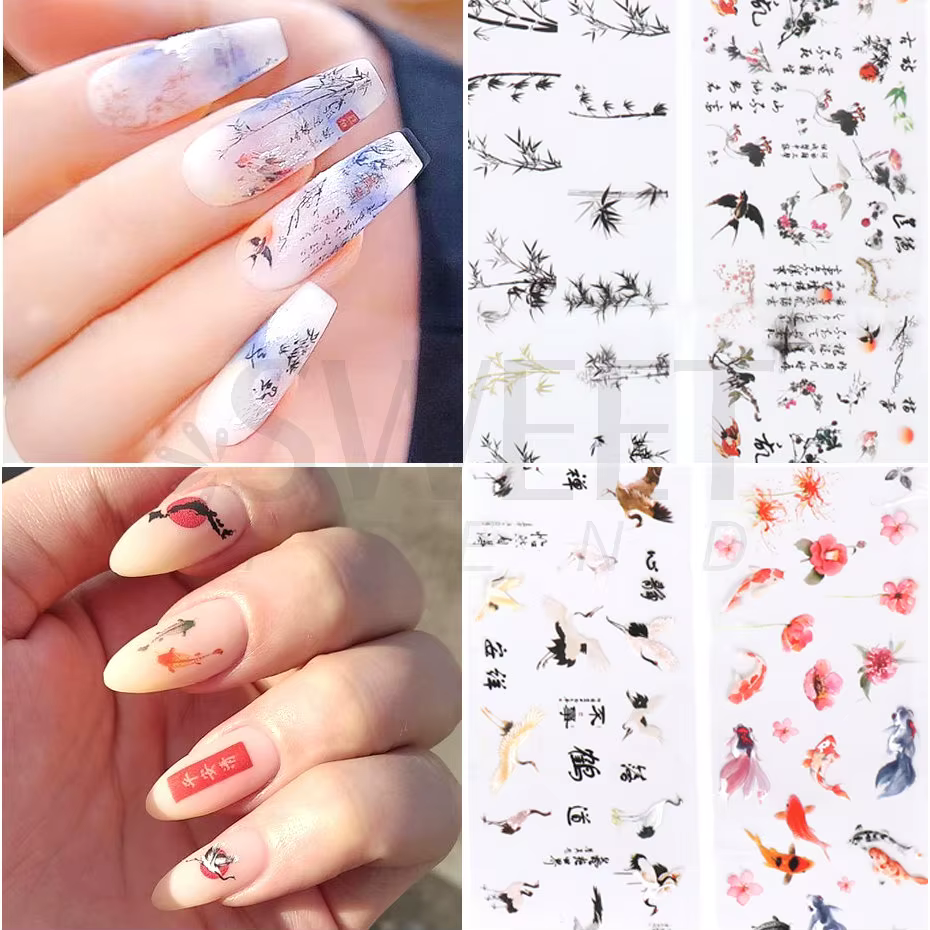 10 pièces feuilles à ongles caractère chinois grue bambou or poisson fleur Style chinois curseur aut