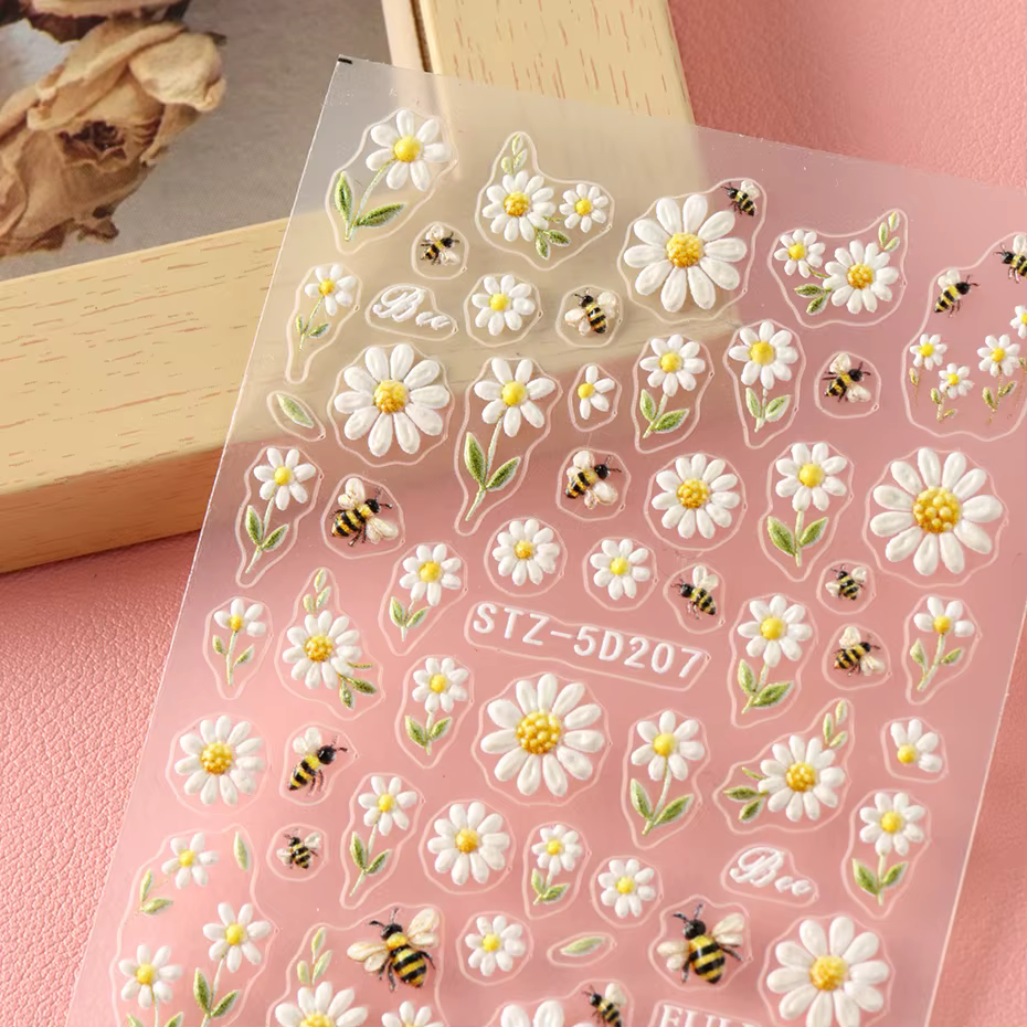 Autocollants pour ongles floraux adorables avec motif abeilles, marguerites et fleurs, autocollants 