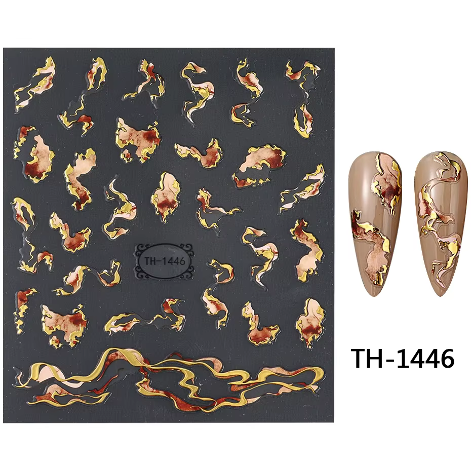Autocollants pour ongles, autocollants de conception d'encre violet bleu marron, décorations dorées,