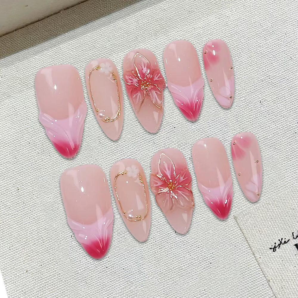 Kit de 10 faux ongles press-on faits main, forme amande moyenne, abricot et rose, nail art doux et a