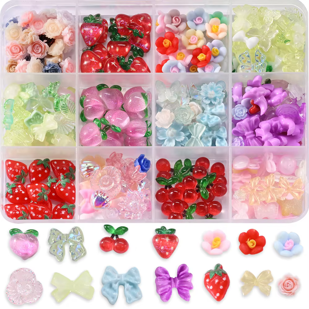 Breloques 3D pour ongles, mélange de Fruits, sucette, fleur, cerise, fraise, pastèque, décorations N