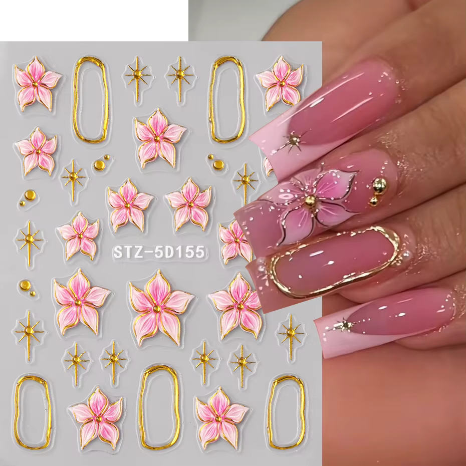 Autocollant pour Nail Art, fleur d'hibiscus en relief, fleur rose avec anneau en métal doré, décalco