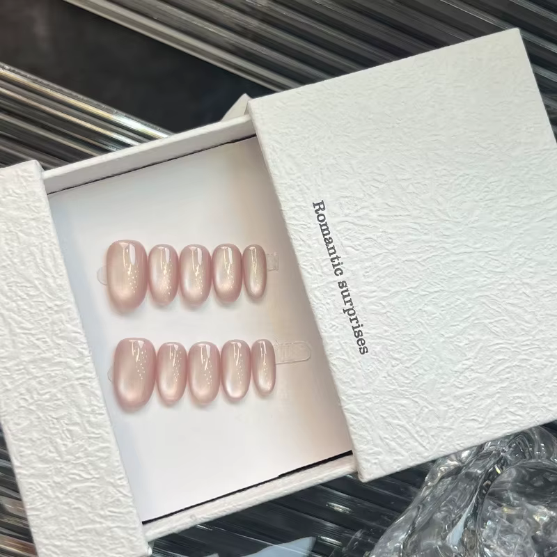 10 pièces oeil de chat rose doux à la main presse sur les ongles couverture complète Simple couleur