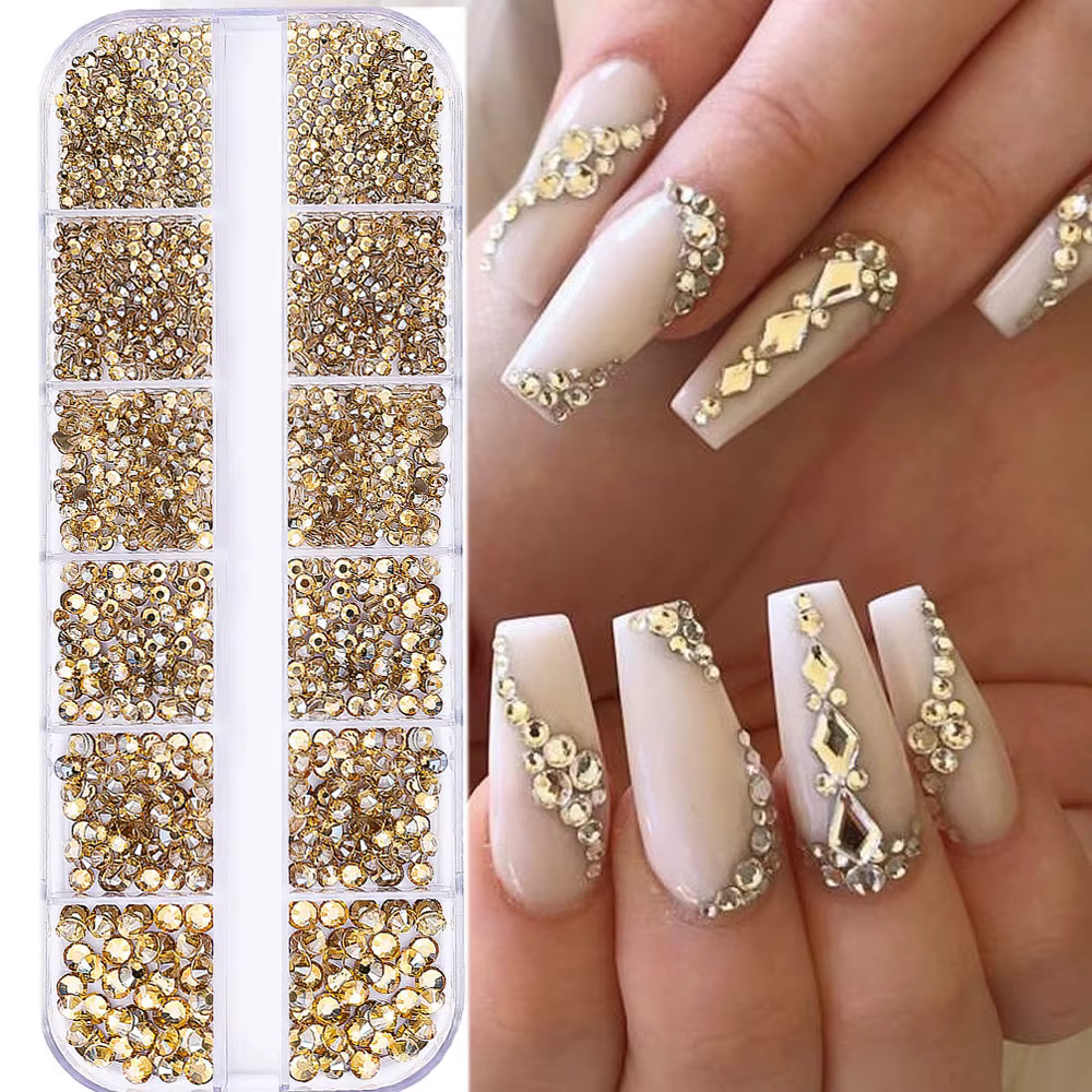 1.5mm-5mm Champagne verre cristal Nail Art gemmes 12 grilles Flatback SS4-SS16 mixte Nail Art strass