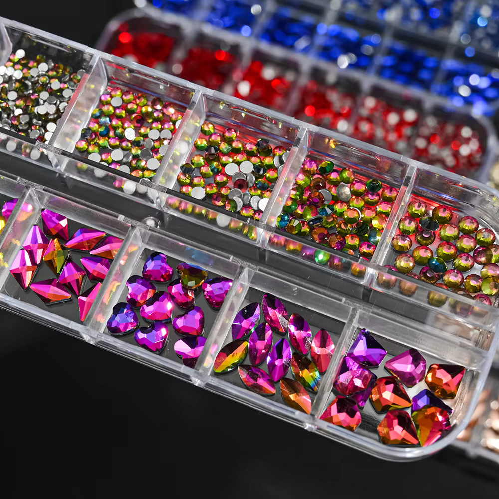 Strass en cristal de forme mixte pour Nail Art, 12 grilles, rose/rouge, pierres précieuses à dos pla