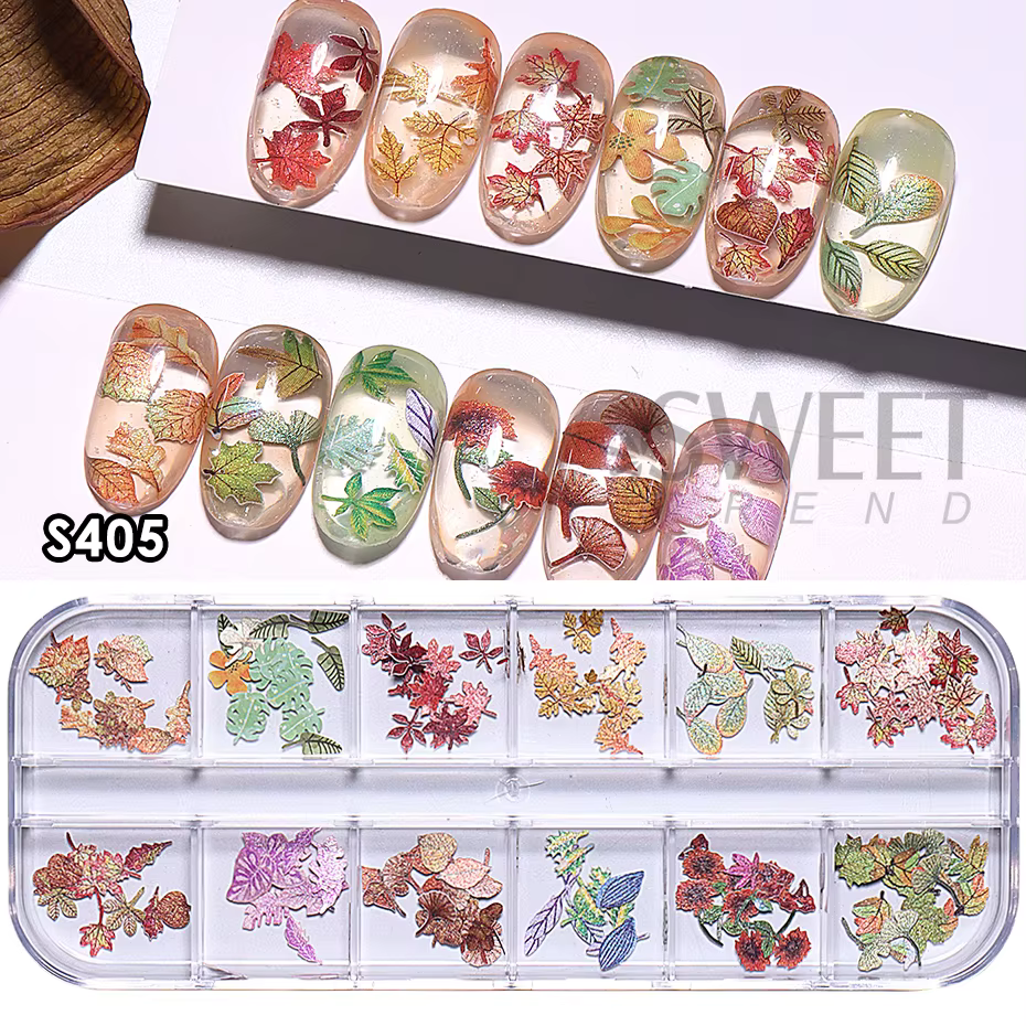 Ensemble de 12 grilles de fausses feuilles d'érable pour ongles, ensemble de paillettes, simulation