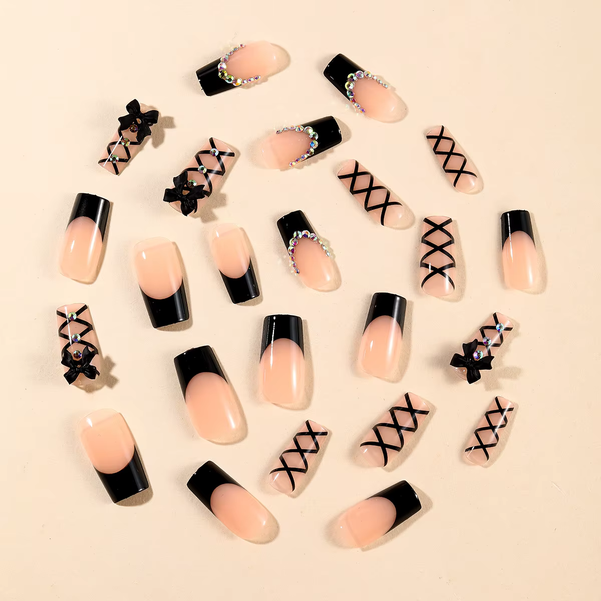 Faux ongles longs à pression pour Ballet, 24 pièces, sangle croisée noire, Style français, avec nœud