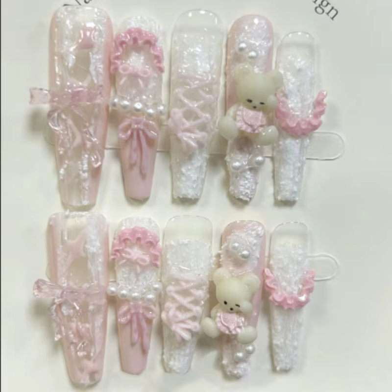 10 pièces mignon rose bleu Lolita français dentelle à la main presse sur les ongles 3D ours en peluc