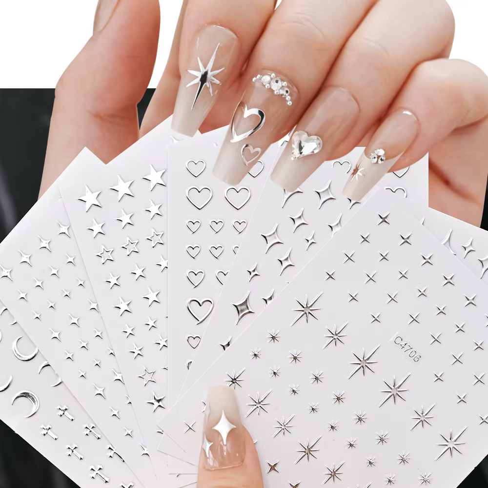 Autocollants pour ongles en métal argenté, 6 feuilles, étoiles métalliques 3D, autocollants pour Nai