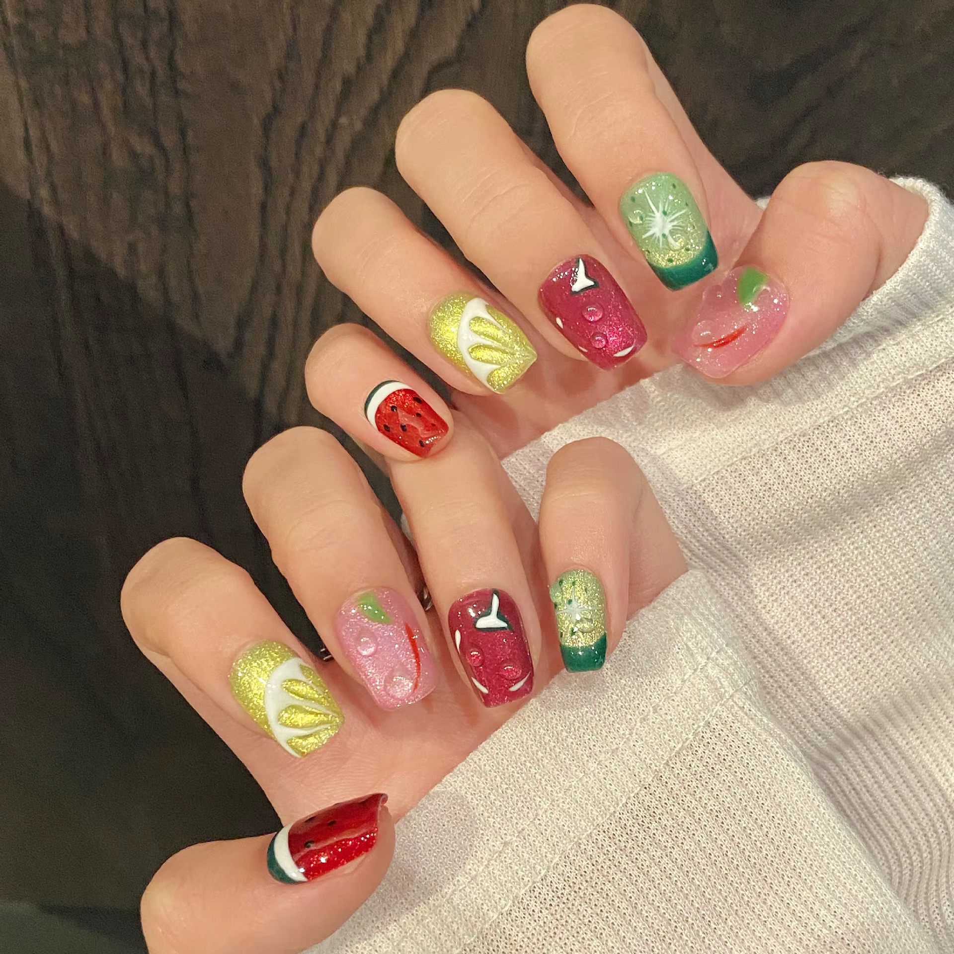 10 pièces à la main fruits presse sur ongles été pastèque et citron faux ongles portable oeil de cha