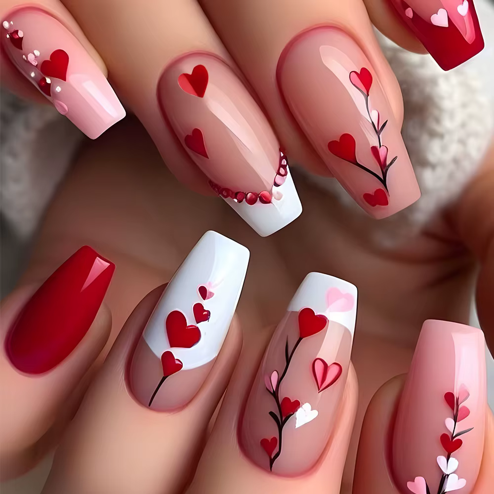 Faux ongles carrés mi-longs pour femmes et filles, jolies fleurs en forme de cœur, plumes et papillo