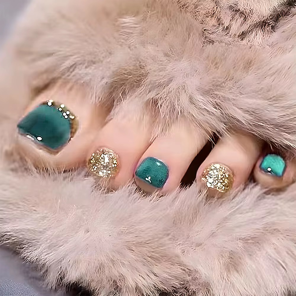 24 pièces paillettes couverture complète ongles conseils Simple vert court carré faux ongles Art réu