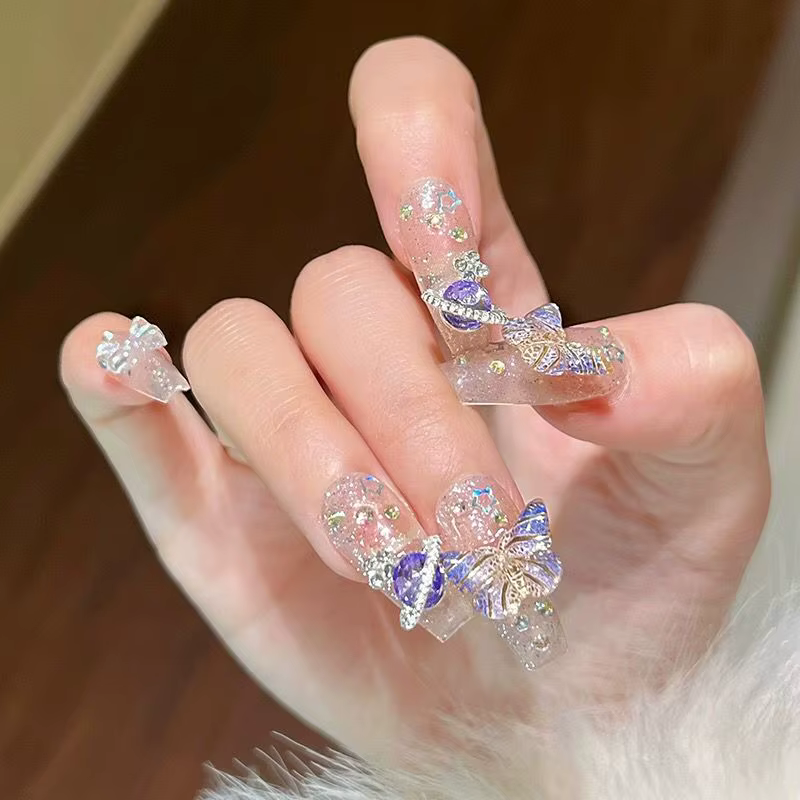 10 pièces presse à la main sur les ongles grand planète conçu faux ongles avec papillon Art paillett
